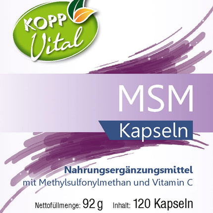 KOPP Vital® MSM | Kapsulas - vegānas | 92 g | 1 x 120 kapsulas | ar C vitamīnu | Organiski saistīts sērs | Bez glutēna | Bez laktozes | Aptiekas kvalitāte