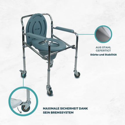 Mobiclinic®, Kumodes krēsls ar riteņiem, Muelle, Eiropas zīmols, Vecāka gadagājuma cilvēkiem un cilvēkiem ar invaliditāti, Neslīdošs, Vāks, Polsterēti roku balsti, Hromēts tērauds, Regulējams augstums, Viegli izvelkams spainis