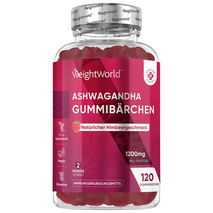 Ašvaganda 1200 mg - 120 želejkonfektes - 2 mēnešu krājumi - vegānisks un bez glutēna - dabīga aveņu garša - ašvagandas saknes ekstrakts (Withania Somnifera) no WeightWorld