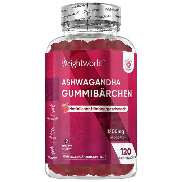 Ašvaganda 1200 mg - 120 želejkonfektes - 2 mēnešu krājumi - vegānisks un bez glutēna - dabīga aveņu garša - ašvagandas saknes ekstrakts (Withania Somnifera) no WeightWorld