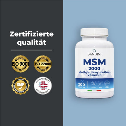 Bandini® MSM - 2000 mg ar 40 mg C vitamīna vienā dienas devā - Kompaktāks metilsulfonilmetāna pulveris nekā kapsulās - Bez magnija stearāta, augsta deva, vegāns, bez piedevām, laboratorijā pārbaudīts - 200 tabletes