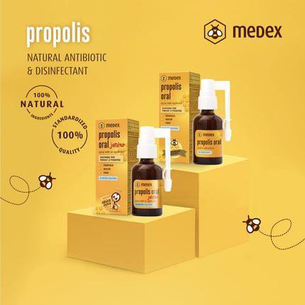 Medex Propolis Oral, propolisa aerosols, mutes un rīkles aerosols, uz ūdens bāzes, BEZ spirta; Ar medu, salviju, niacīnu, ehināciju, standartizētiem bioflavonoīdiem, ar aplikatoru, 30 ml