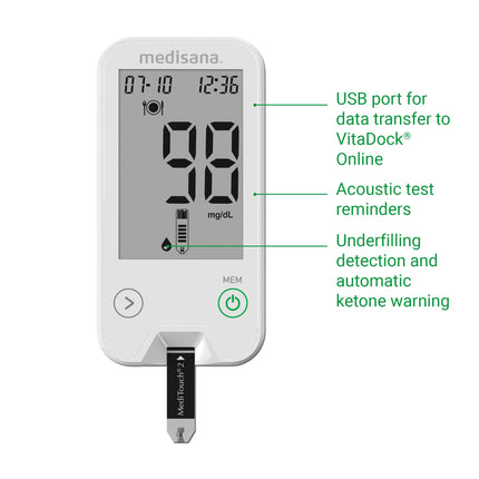 Medisana MediTouch 2 mg/dL asins glikozes mērītājs, sākuma komplekts ar testa strēmelītēm diabēta slimniekiem, lancetēm glikozes līmeņa asinīs kontrolei, diabēta komplekts, eksprestests