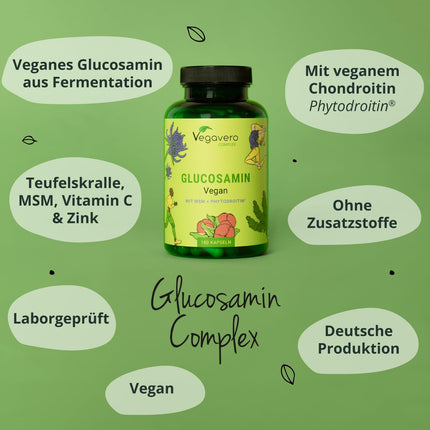 Glikozamīna hondroitīna komplekss Vegavero® | 100% vegāns | Ar MSM, fitodroitīnu®, velna naglu, C vitamīnu, cinku | Locītavām un kauliem* | 180 kapsulas | Bez piedevām | Vācu produkcija