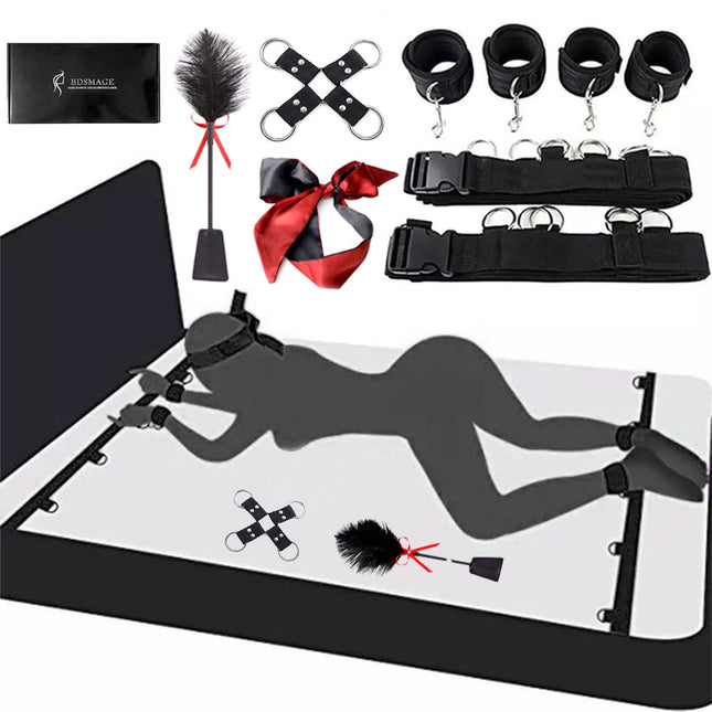 BDSMAGE BDSM komplekts ar 9 daļām, SM gultas piederumi, strausa spalvu pātaga un satīna acu maska, roku dzelži, potīšu aproces, krusteniska sprādze, fetiša ierobežojumi, seksa rotaļlieta, ekstremālas bondage komplekts uz gultas pāriem