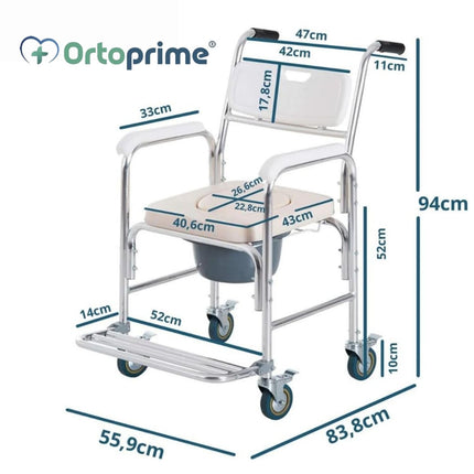 OrtoPrime tualetes krēsls ar riteņiem – 3 vienā – tualetes krēsls senioriem – saliekams tualetes krēsls – dušas tualetes krēsls – tualetes krēsls ar regulējamu augstumu – pārvietojams tualetes krēsls
