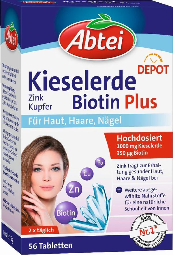 Abtei Kieselerde Biotin Plus - ar cinku skaistai ādai, matiem un nagiem - Depot tehnoloģija ar ilgtermiņa efektu - vegāns - 56 tabletes