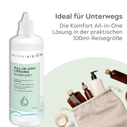 MAGNIVISION All-in-One Solution Comfort, 100 ml (ceļojuma izmērs) mīkstajām kontaktlēcām, mīksto kontaktlēcu tīrīšanai un uzglabāšanai, bez borāta, ražots Eiropā