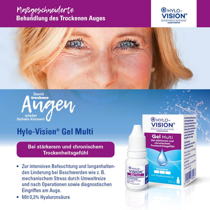 Hylo-Vision gēla daudzfunkcionālie acu pilieni – intensīvi mitrinoši un ilgstoši mazina kairinājumu vai sāpīgumu acīs, kā arī izteiktu sausumu, ļoti viskozi, piemēroti kontaktlēcām, 2 x 10 ml