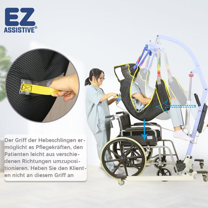 EZ Assistive pilna ķermeņa pacientu pacelšanas siksna ir aprīkota ar četru punktu sieta siksnu pacientu pārvietošanai un atbalsta svaru līdz 230 kg (500 mārciņām). (liels)