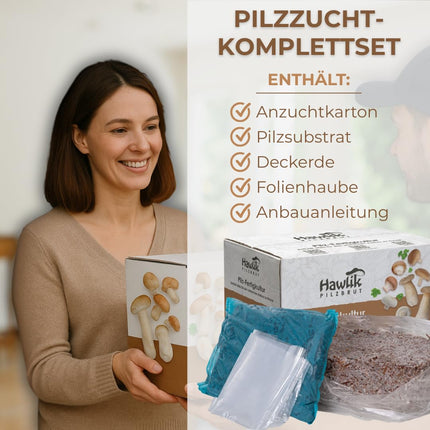 Hawlik sēņu midzeņa sēņu audzēšanas komplekta vērtības komplekts XXL – 2 lielas kultivēšanas kastes akmens sēnēm un baltajām sēnēm – audzējiet sēnes mājās bez iepriekšējām zināšanām vai piederumiem – aptuveni 6 kg sēņu raža!