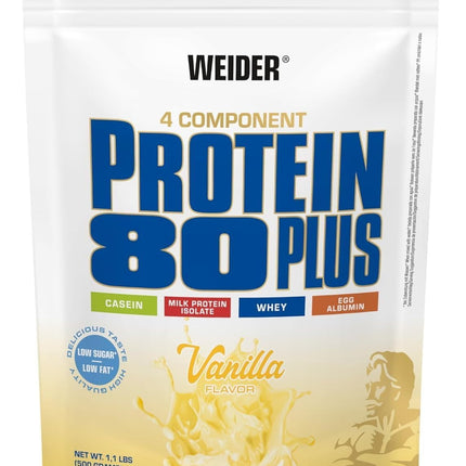 Weider - Protein 80 Plus - 4 komponentu proteīna pulveris - Augsts proteīna saturs ar 80% proteīna - Krēmīgi kokteiļi ar kalciju un B6 vitamīnu - 500g - Vaniļa
