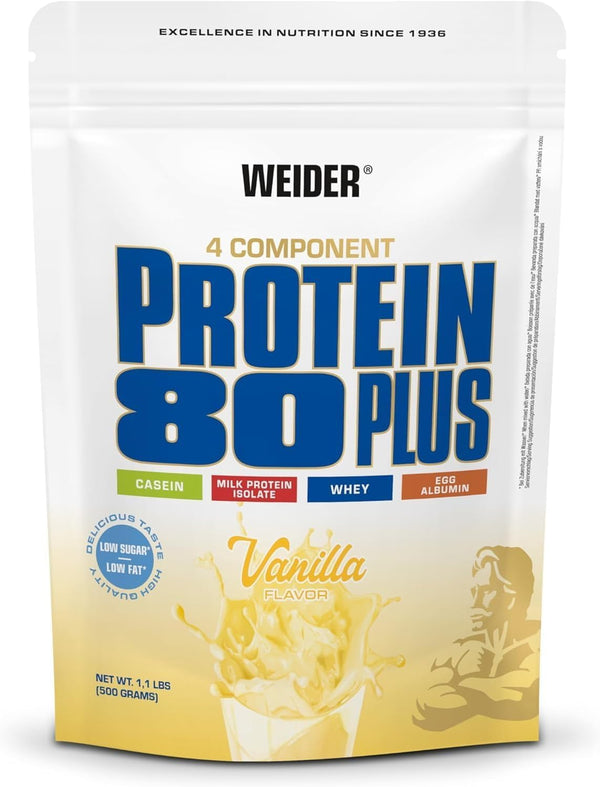 Weider - Protein 80 Plus - 4 komponentu proteīna pulveris - Augsts proteīna saturs ar 80% proteīna - Krēmīgi kokteiļi ar kalciju un B6 vitamīnu - 500g - Vaniļa