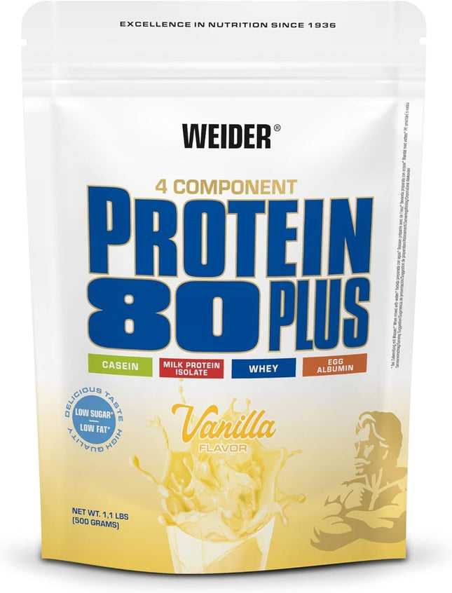 Weider - Protein 80 Plus - 4 komponentu proteīna pulveris - Augsts proteīna saturs ar 80% proteīna - Krēmīgi kokteiļi ar kalciju un B6 vitamīnu - 500g - Vaniļa