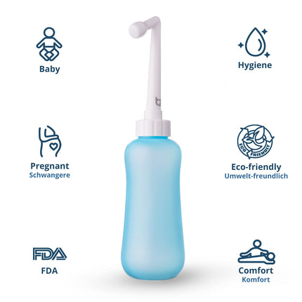 T2 Peri-Bottle - pārnēsājama bidē pēcdzemdību aprūpei, starpenes sāpju mazināšanai - 450 ml spiedpudele ar 60° leņķa uzgali, mazgājams uzglabāšanas maisiņš - slimnīcai, grūtniecēm