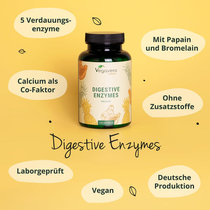Enzīmu komplekss | Bromelaīns - Papaīns - Amilāze - Lipāze - Celulāze | Zarnās šķīstošās apvalkotās DRCaps® kapsulas | Dabīgie gremošanas enzīmi | Laboratorijā pārbaudīts | Bez piedevām | Vācu ražojums Vegavero®
