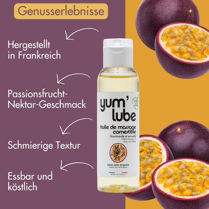 Yum'Lube | Seksa un erotiskā masāžas eļļa eļļa masāžai un intīmai lietošanai | Ķermeņa eļļa ar pasifloru augļiem | Masāžas eļļa intīmai eļļai, kas piemērota kā seksa eļļa | Masāžas eļļa intīmajai zonai un masāžas eļļa seksam intīmajā zonā