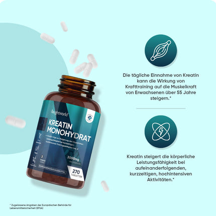Kreatīna monohidrāta tabletes - 3000 mg vienā porcijā - 270 vegāniskas kreatīna tabletes - 3 mēnešu krājumi - kreatīns - kapsulu un pulvera alternatīva - bez glutēna un magnija stearāta - WeightWorld