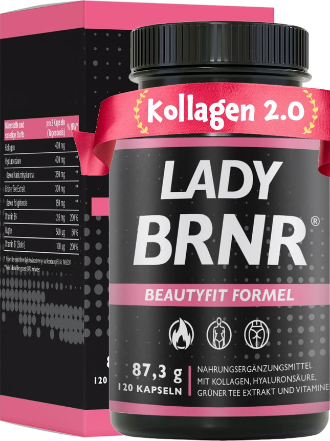 BRNR LADY BRNR - BeautyFit vielmaiņas formula ar B6 vitamīnu, saistaudiem ar varu, kolagēnu, augstu hialuronskābes devu, biotīnu, 120 kapsulas