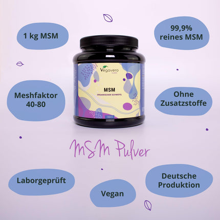 MSM pulveris 1000 g Vegavero® | 99,9% tīrība | Vācu produkcija | Metilsulfonilmetāns | Organiskais sērs | kristālisks | Laboratorijā pārbaudīts un bez piedevām | Vegāns