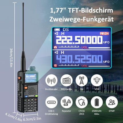 BAOFENG 5RM divu joslu radio UHF VHF, licencēts amatieru radio, jaudīgs rokas radio, liela darbības rādiusa 999 kanāli, FM radio, VOX, DTMF, rācija ar 2500mAh akumulatoru.