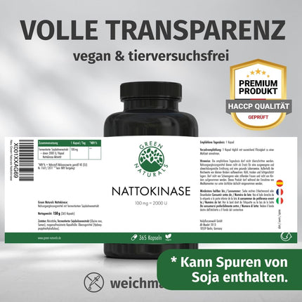 Nāttokināze 20 000 FU/g — 100 mg kapsulā — 1 gada krājums (365 kapsulas) — fermentēts sojas pupiņu ekstrakts — aptiekas kvalitāte — Green Naturals®