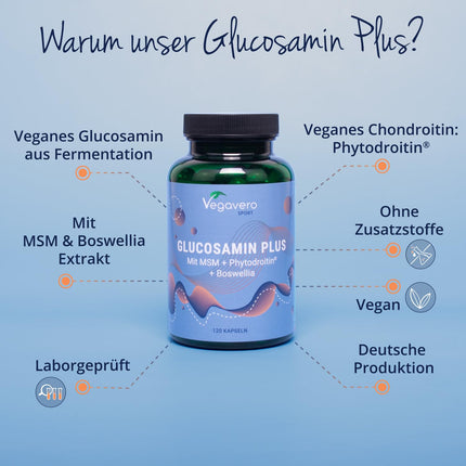 Glikozamīna hondroitīns lielās devās un vegāns | 1000 mg glikozamīna | Ar MSM | Laboratorijā pārbaudīts un vegāns | Bez piedevām | Vegavero® ražots Vācijā