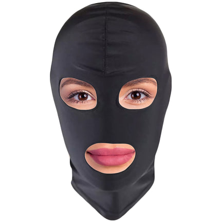 BDSM maska ​​no FOPS 100% spandekss SM maska ​​S/M izmēra vergiem un lomu spēlēm, stiepjas līdz 58 cm, brīva no acīm un mutes, elpojoša un ērta, ideāli piemērota seksa kontroles un stimulācijas spēlēm, melna FOPS B23-1