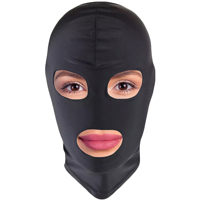 BDSM maska ​​no FOPS 100% spandekss SM maska ​​S/M izmēra vergiem un lomu spēlēm, stiepjas līdz 58 cm, brīva no acīm un mutes, elpojoša un ērta, ideāli piemērota seksa kontroles un stimulācijas spēlēm, melna FOPS B23-1