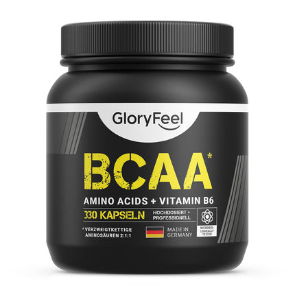 BCAA 330 kapsulas - neaizvietojamās aminoskābes leicīns, valīns un izoleicīns, kā arī B6 vitamīns - laboratorijā pārbaudītas un ražotas Vācijā bez piedevām
