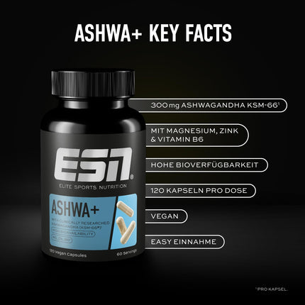 ESN Ashwa +, patentēts ašvagandas saknes ekstrakts KSM-66®, 120 kapsulas, Indijas pasiflora, ar magniju, B6 vitamīnu un cinku, vegāns (iepakojums var atšķirties)