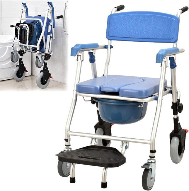 Universāls tualetes krēsls ar riteņiem senioriem, 150 kg salokāms tualetes krēsls ar roku balstu, pārvietojams tualetes krēsls, dušas krēsls ar riteņiem, tualetes krēsls ar noņemamu spaini