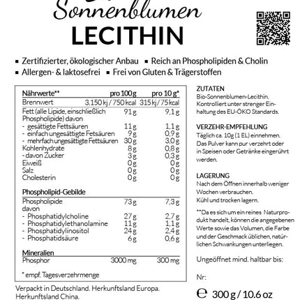 ORGANISKS saulespuķu lecitīna pulveris, IVOVITAL® (sertificēts bioloģisks produkts) (300 g)