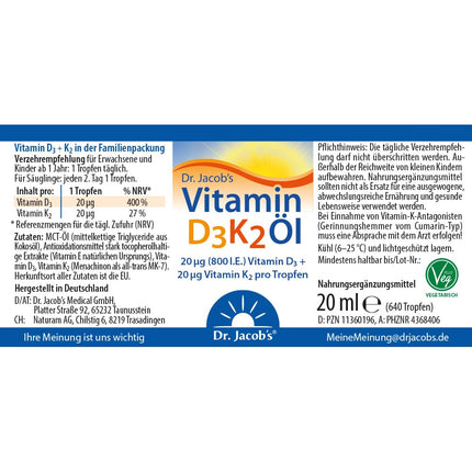 Dr. Jacob's D3 K2 vitamīna eļļas pilieni | Uztura bagātinātājs kauliem¹ un imūnsistēmai² | Augsta biopieejamība | D3 un K2 vitamīnu eļļa | 20 ml | veģetārietis