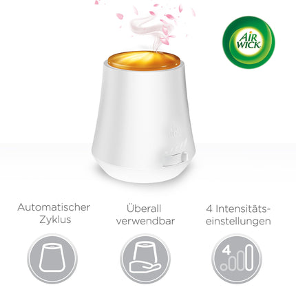 Air Wick Aroma eļļas pudeļu sākuma komplekts - difuzors ar 2 uzpildēm - aromterapija - aromāts: nomierinoša roze - ziedu telpas aromāts ar ēteriskajām eļļām - 2 x 20 ml eļļas + ierīce baltā krāsā