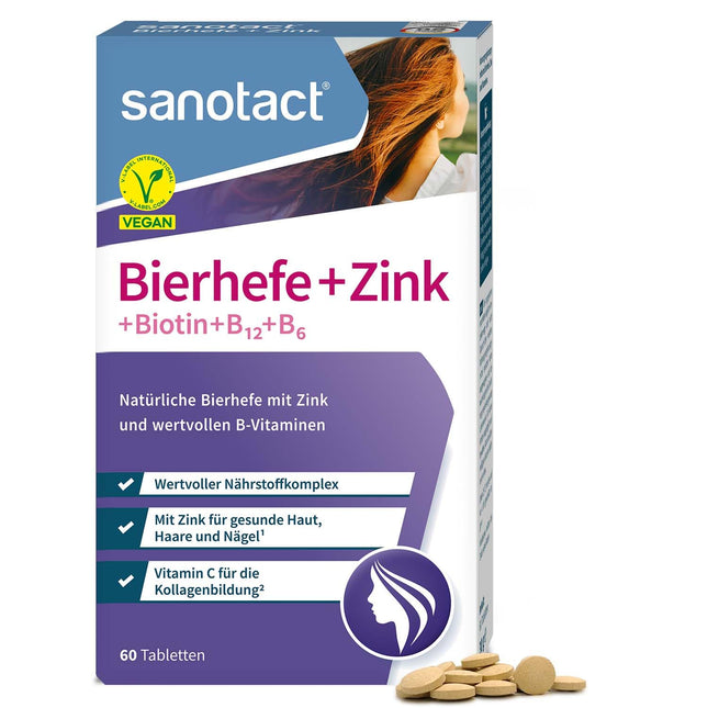 sanotact alus raugs + cinks (60 tabletes) • Ādai, matiem un nagiem • Vitamīnu komplekss ar alus raugu, cinku, biotīnu, B12, B6 un C vitamīnu • Ādas un matu vitamīni • 100% vegānisks