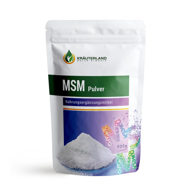 Kräuterland MSM pulveris (metilsulfonilmetāns) 500g - augsta deva, tīrs organiskais sērs - dabīgs, vegāns - augstākā kvalitāte bez piedevām