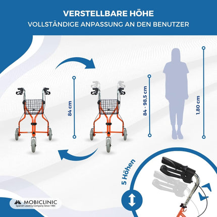 Mobiclinic, Caleta modelis, Rollators, Staigulīši senioriem un cilvēkiem ar invaliditāti, Ar 3 riteņiem, Salokāms staigāšanas palīglīdzeklis, Tērauds, Regulējams, Grozs, Pārnēsāšanas soma, Bremzes uz svirām, Oranžs