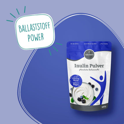 BORCHERS inulīna pulveris 500g, augu izcelsmes šķiedrvielas, viegli šķīstošs, dabiski vegāns, bez piedevām, gremošanas līdzeklis