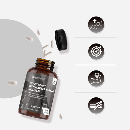 Maca kapsulas - 5550 mg vienā kapsulā - 6 mēnešu krājumi - melnās un dzeltenās Maca komplekss ar L-arginīnu, Panax žeņšeņu, melnajiem pipariem un cinku - 180 kapsulas - WeightWorld