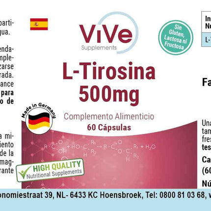 L-tirozīns 500 mg - 60 kapsulas - augsta deva - proteinogēna aminoskābe | Kvalitāte no Vācijas, ko nodrošina ViVe Supplements