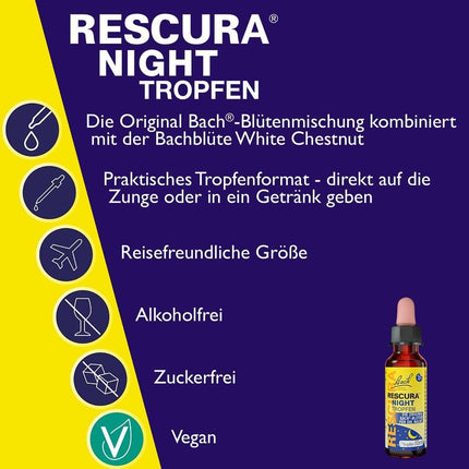 Oriģinālie Bach RESCURA NIGHT pilieni bezalkoholiskie: (agrāk Rescue) Baha ziedu maisījums + baltais kastaņaugs, 20ml