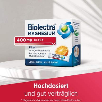 Biolectra Magnesium 400 mg Direct Sticks Orange, 60 gabali: Normālai muskuļu funkcijai pastiprinātas nepieciešamības gadījumos, Magnesium Direct Sticks, augsta deva