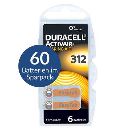 60 x Duracell Activair dzirdes aparātu baterijas, 312. tips, brūnas - bez dzīvsudraba, 0% Hg