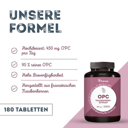 OPC vīnogu kauliņu ekstrakts - augsta deva ar 95% tīru OPC - no franču vīnogām - laboratorijā pārbaudīts (HPLC metode), vegāns - 180 tabletes - Vitavea