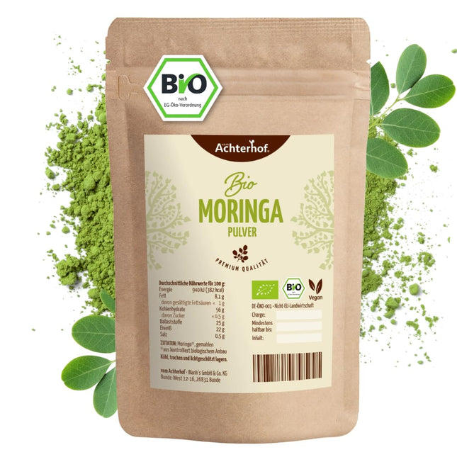 Moringa pulveris Bioloģisks 500g | aromātiska, patīkama, viegli pikanta garša | 100% īsts Moringa Oleifera lapu pulveris | no kontrolētas bioloģiskās lauksaimniecības | no Ahterhofas