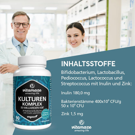 Augstas devas kultūru komplekss ar 400 miljardiem KVV/g 1 kapsulā, 20 baktēriju kultūras zarnu floras attīstībai ar inulīnu un cinku, 90 vegānas un kuņģa sulu izturīgas kapsulas ar 50 miljardiem KVV 3 mēnešiem