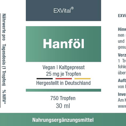 EXVital kaņepju sēklu eļļa, 25 mg dienas devā, 750 pilieni, auksti spiesta, 30 ml, augstākās kvalitātes audzēšana, vegāniska un laboratorijā pārbaudīta