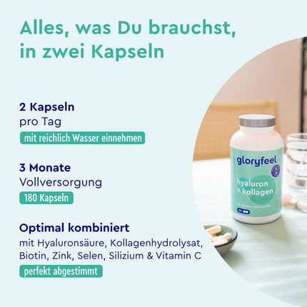 Hialuronskābes kolagēna komplekss - 180 kapsulas - ar biotīnu, C vitamīnu (no acerolas), cinku, selēnu un bambusa ekstraktu - ādai, matiem, nagiem - ar augstu biopieejamību - laboratoriski pārbaudīts