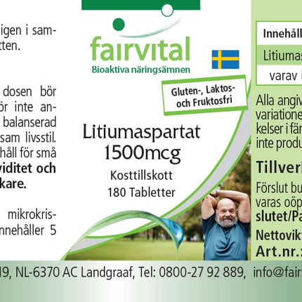Fairvital | Litija aspartāts 1500 μg - 180 tabletes - Organiski saistīts litijs - Augsta biopieejamība - Kvalitātes pārbaude un liela deva - 100% vegāns - Ražots Vācijā